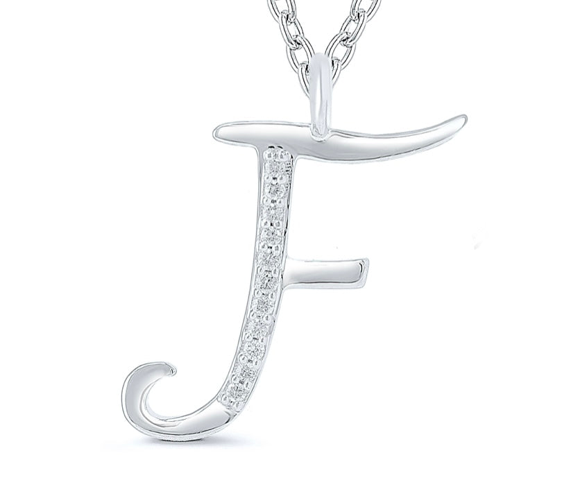 9ct white gold diamond initial F necklace 16-18 inch curb chain.