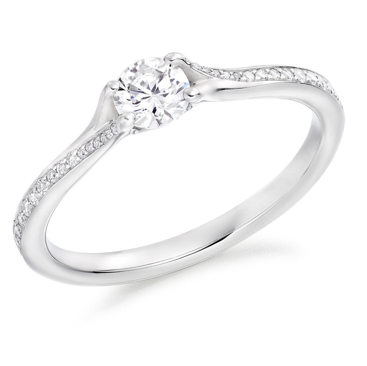 Platinum round brilliant open gallery solitaire ring with diamond shoulders