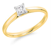 18ct yellow gold square princess cut certified diamond set into 4 claws solitaire ring