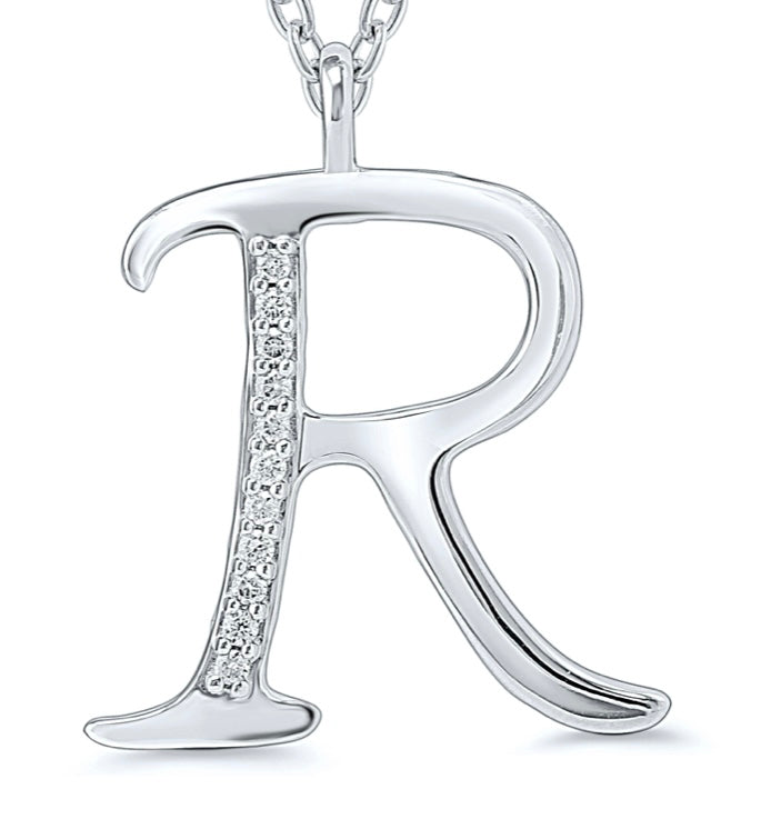 9ct white gold diamond initial R necklace 16-18 inch curb chain.