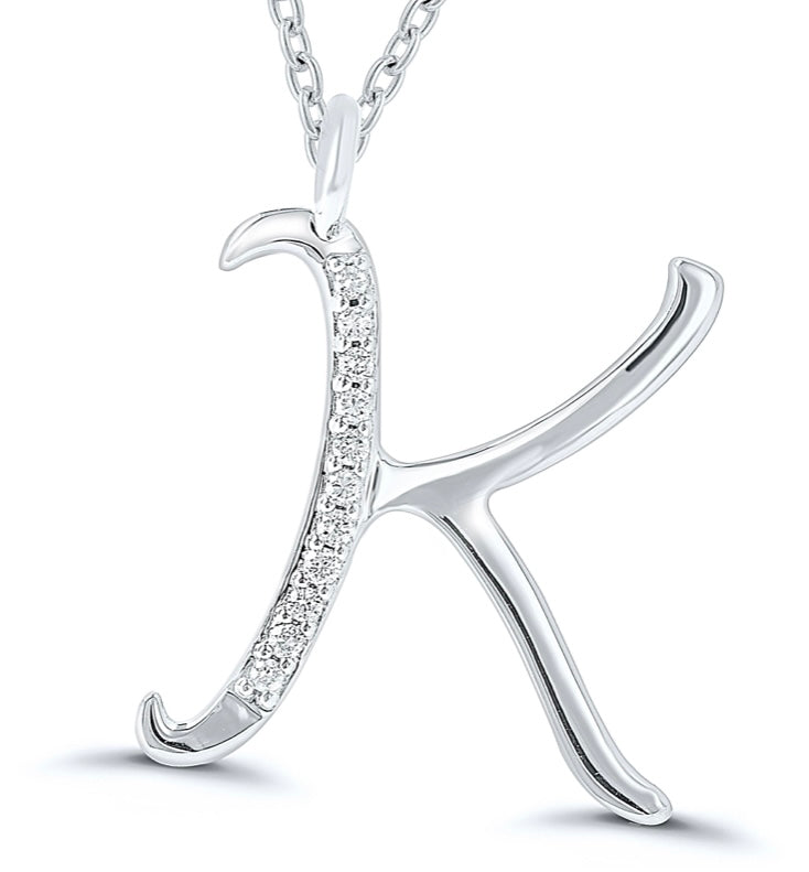 9ct white gold diamond initial K necklace 16-18 inch curb chain.