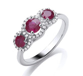 9ct white gold ruby and diamond trilogy halo ring