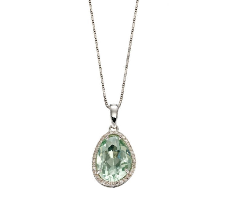 9ct white gold green fluorite and diamond halo necklace
