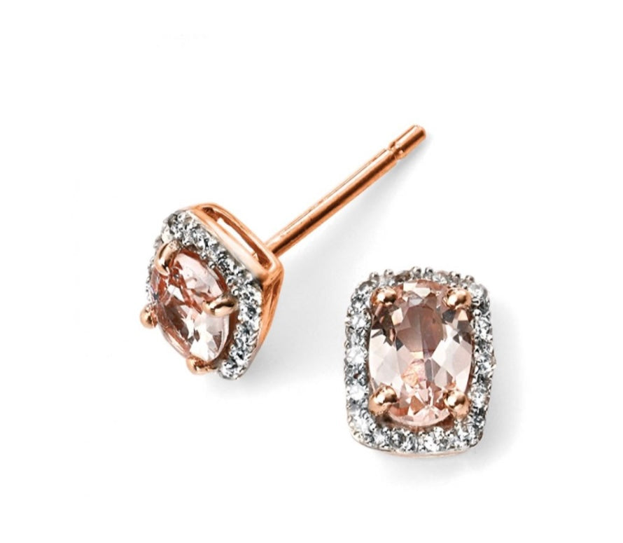 9ct rose gold morganite and diamond halo stud earrings