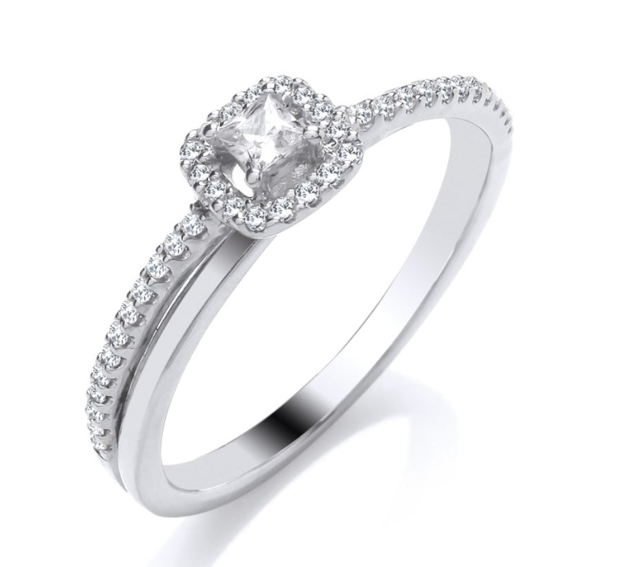 9ct white gold certified diamond princess halo with a contemporary twist ring