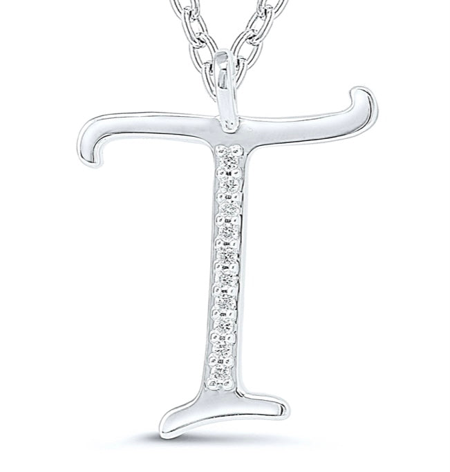 9ct white gold diamond initial T necklace 16-18 inch curb chain.