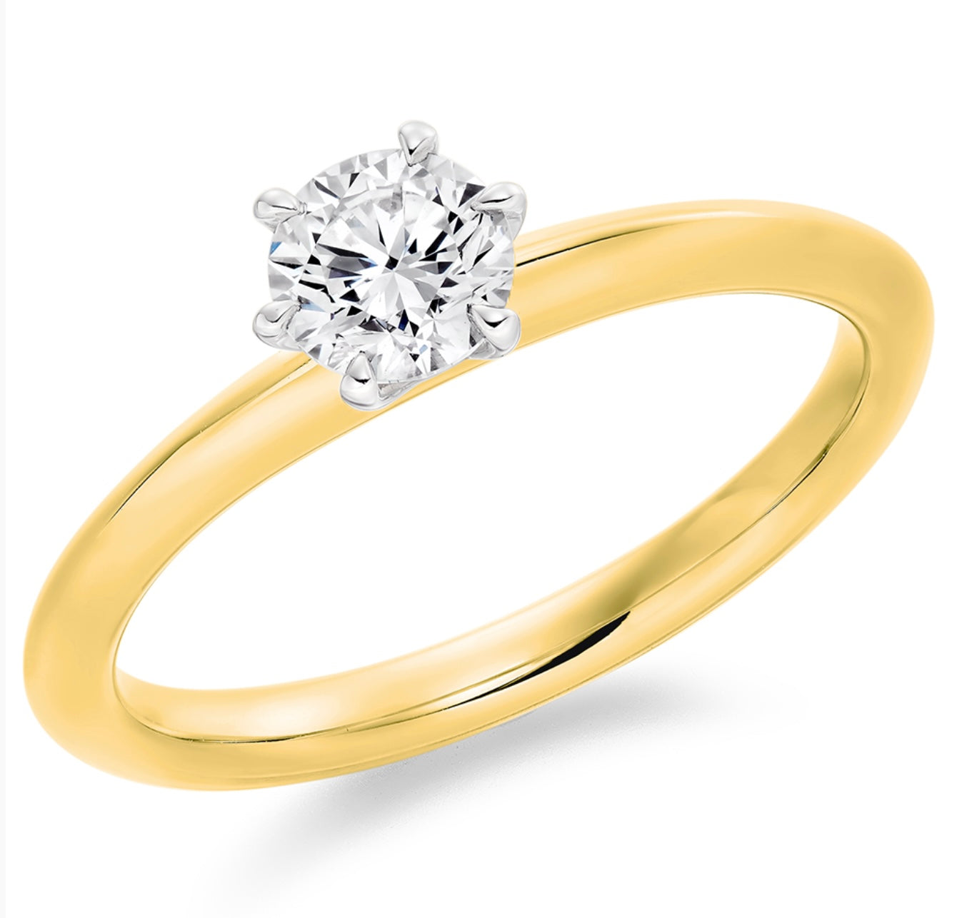 18ct yellow gold round brilliant cut certified diamond set into a 6 claw knife edge shoulder solitaire ring