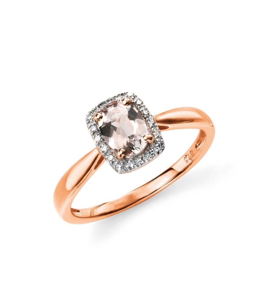 9ct rose gold morganite and diamond halo ring
