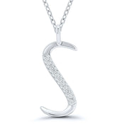 9ct white gold diamond initial S necklace 16-18 inch curb chain.