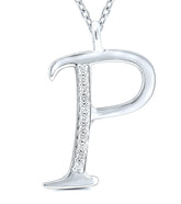 9ct white gold diamond initial P necklace 16-18 inch curb chain.