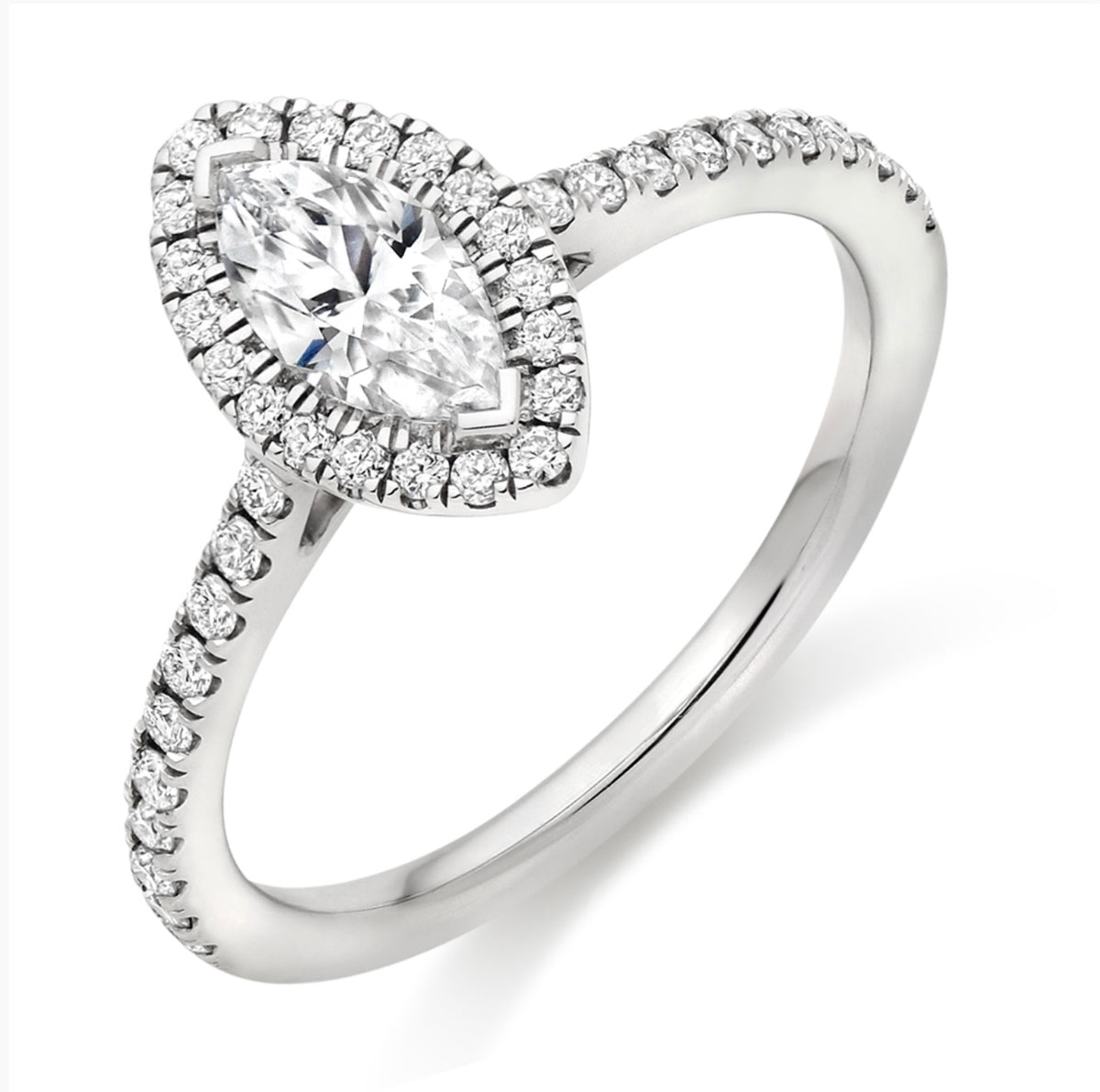 Platinum marquise cut diamond halo ring set with diamond shoulders