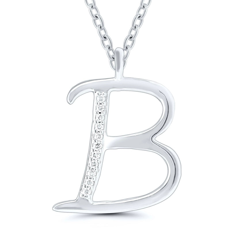 9ct white gold diamond initial B necklace 16-18 inch curb chain