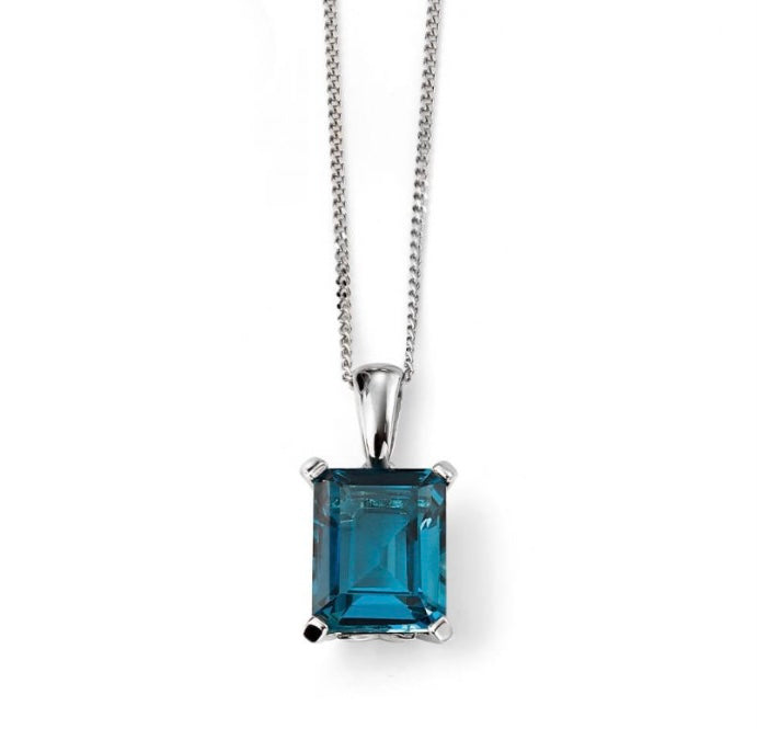 9ct white gold emerald cut London blue topaz 4 claw necklace
