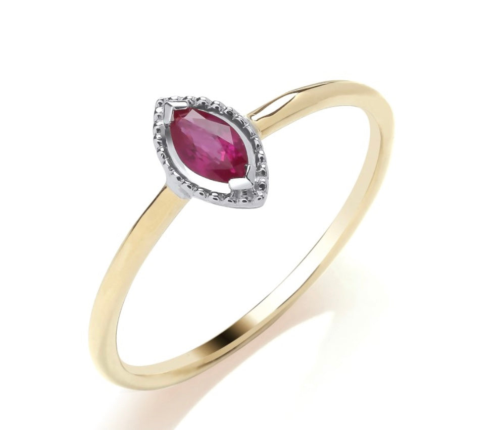 9ct yellow gold marquise cut ruby ring set with 0.10ct diamond halo
