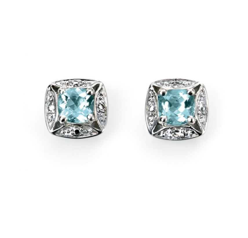9ct white gold aquamarine and diamond stud earrings