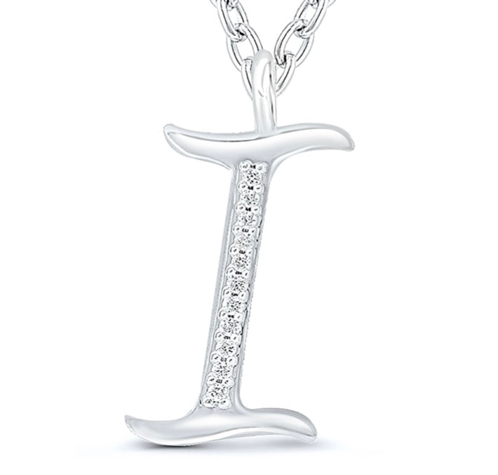 9ct white gold diamond initial I necklace 16-18 inch curb chain.