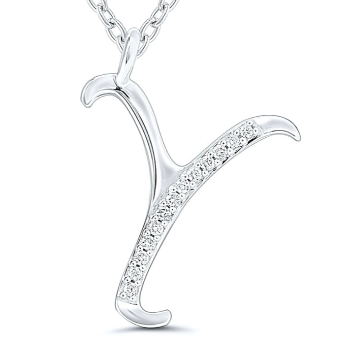 9ct white gold diamond initial Y necklace 16-18 inch curb chain.