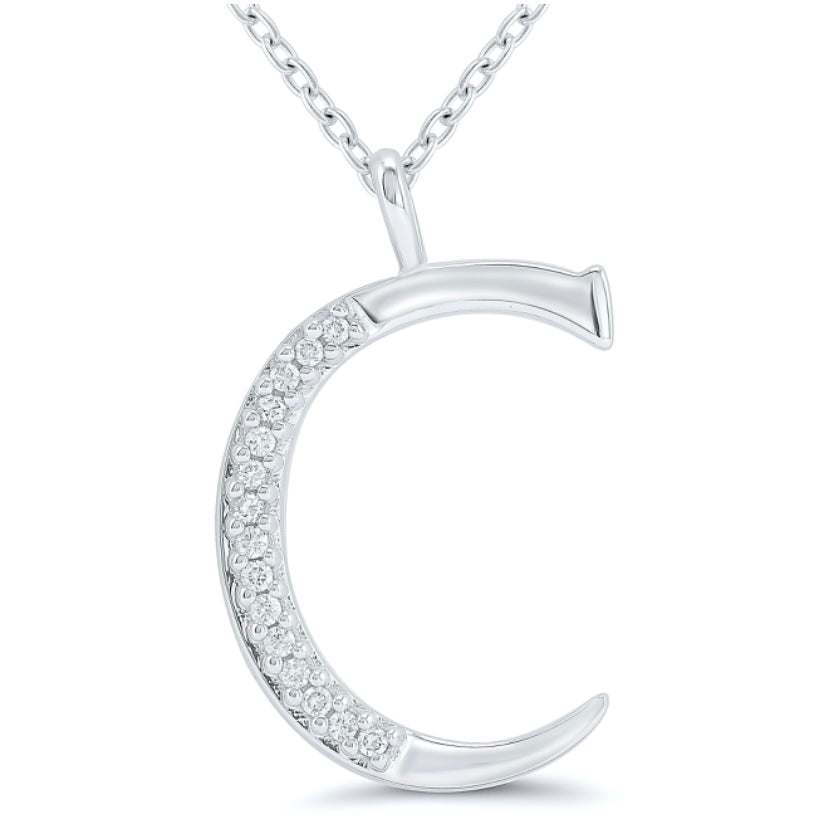 9ct white gold diamond initial C necklace 16-18 inch curb chain .