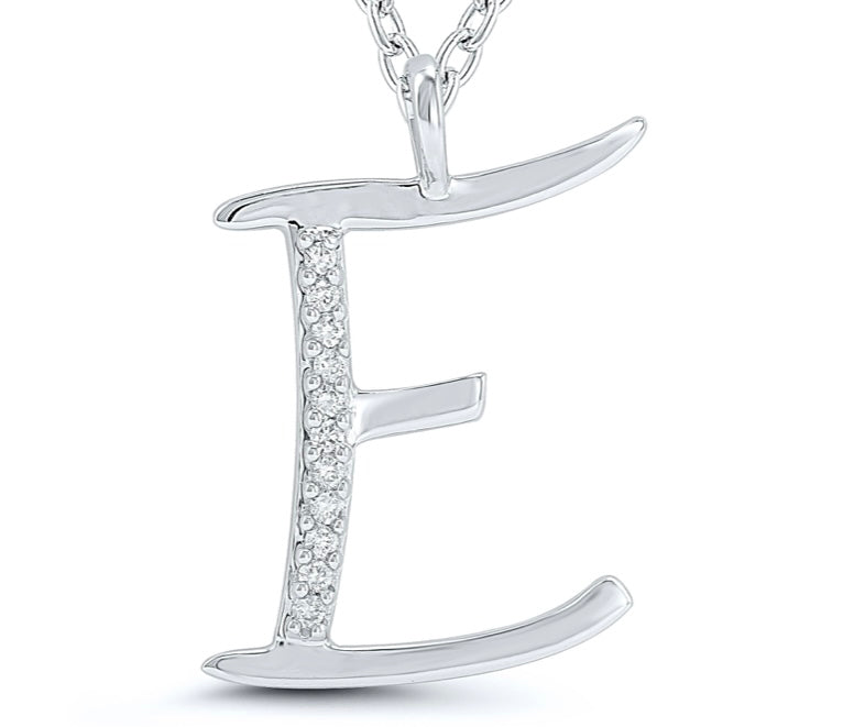 9ct white gold diamond initial E necklace 16-18 inch curb chain.