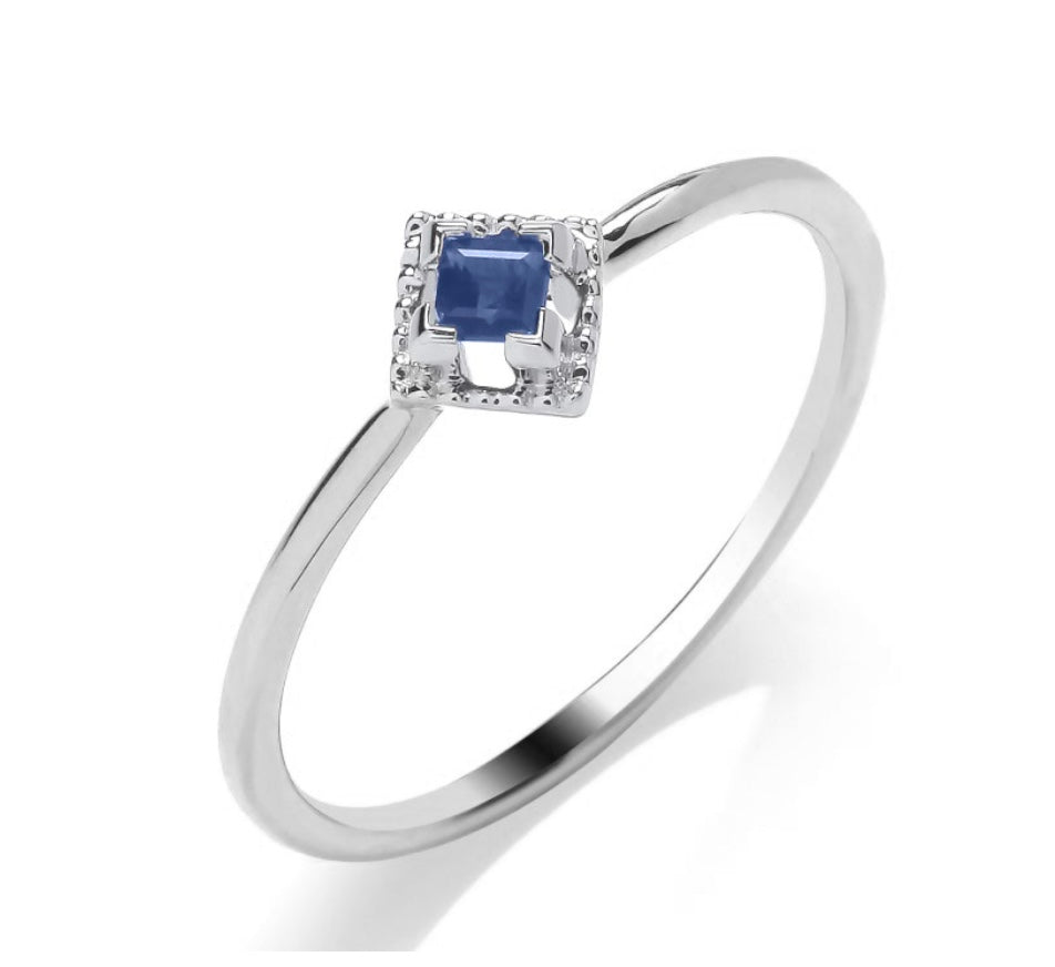 9ct white gold square cut sapphire ring set with 0.10ct diamond halo.