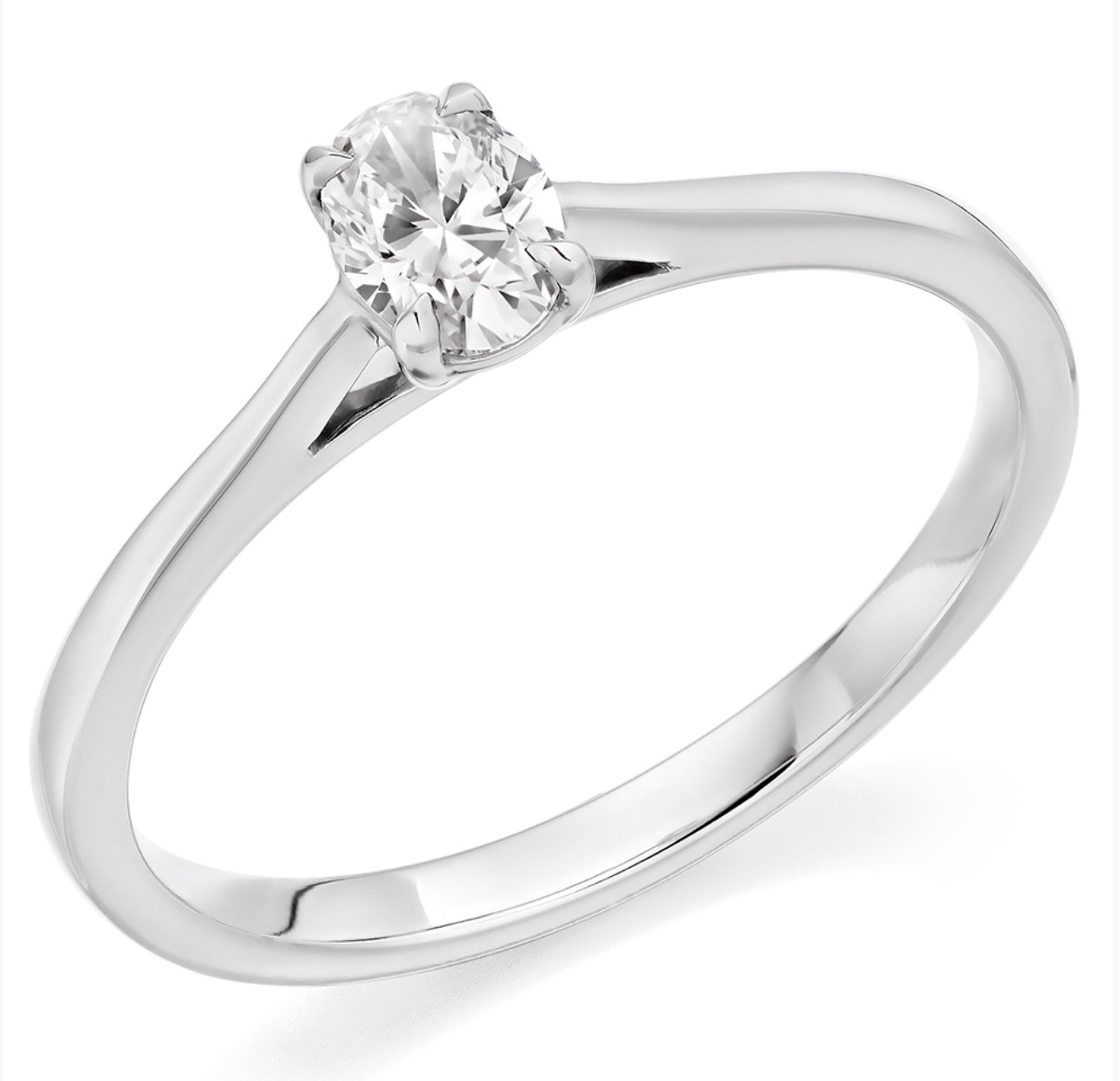Platinum oval cut D colour diamond 4 claw solitaire ring