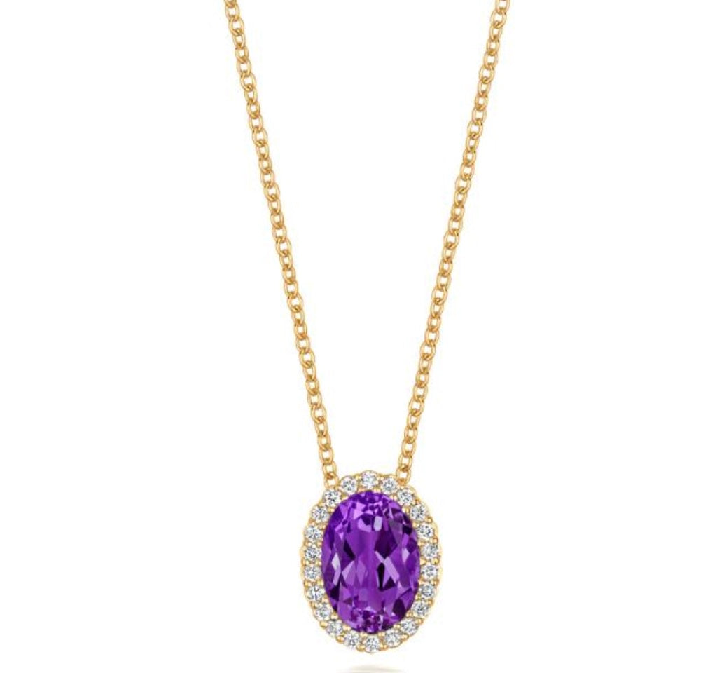 18ct yellow gold oval amethyst diamond halo floating necklace