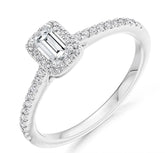 Platinum emerald cut diamond halo ring with diamond shoulders