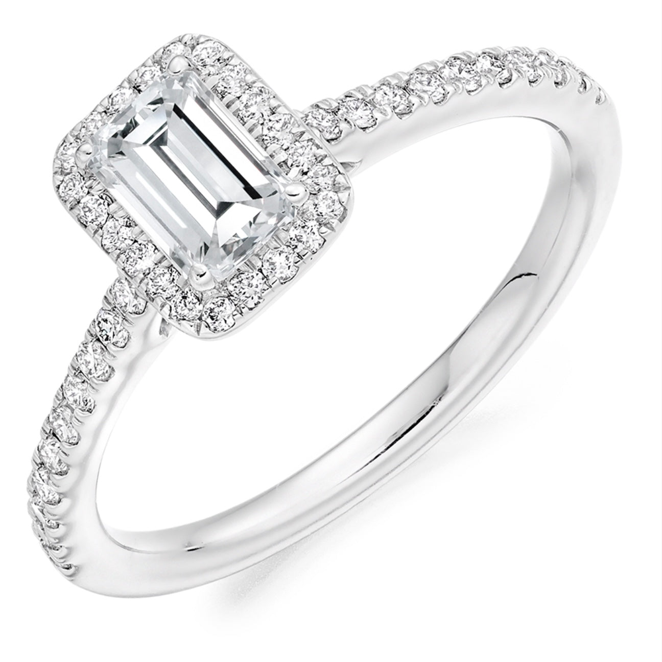 Platinum emerald cut diamond halo ring with diamond shoulders