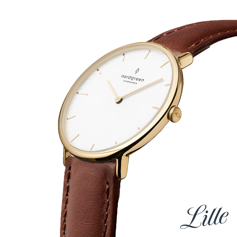 Native 32mm Gold White Dial with Brown Leather Watch Strap