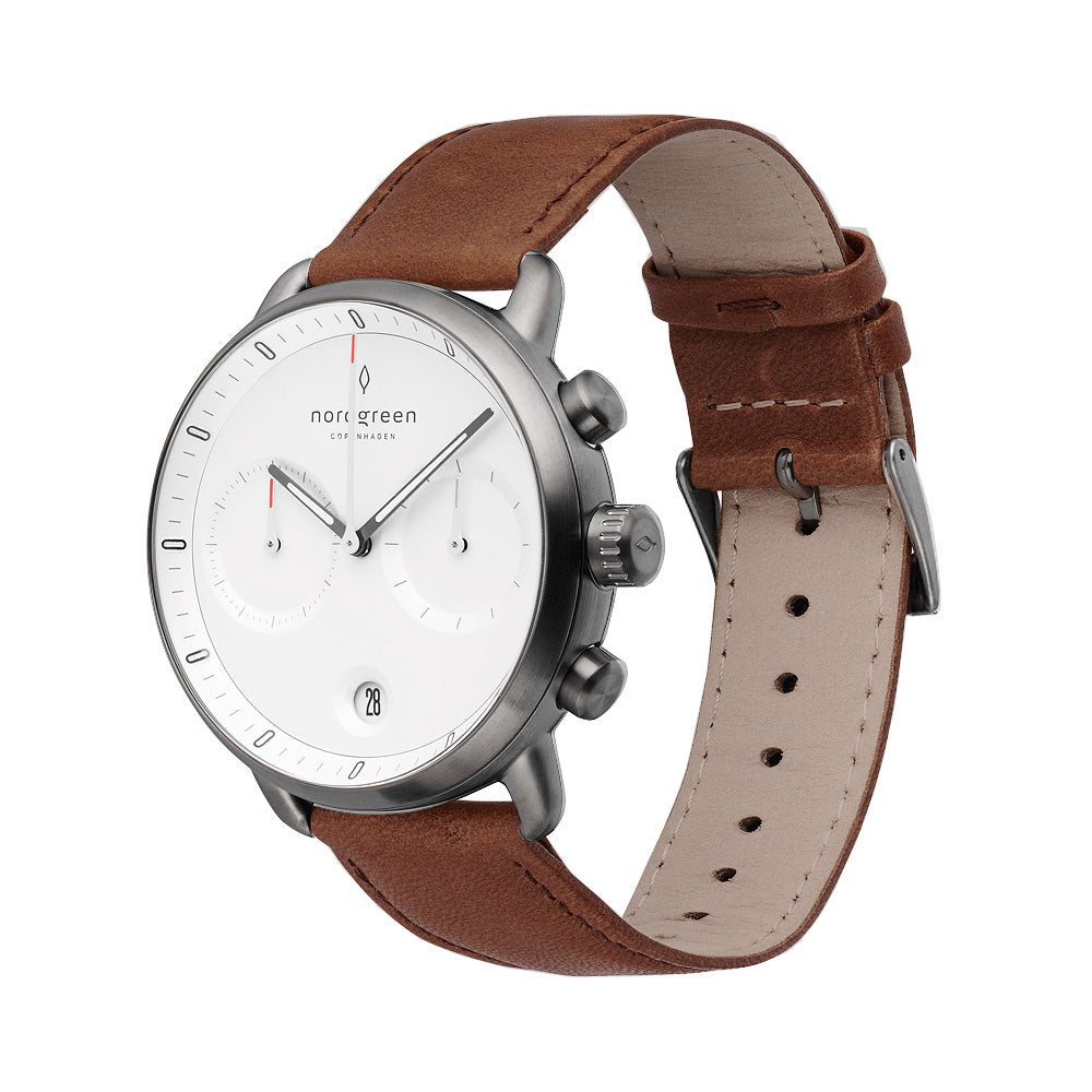 Pioneer 42mm Gun Metal White Dial with Brown Leather Watch Strap