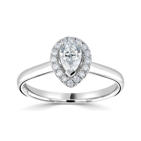 Pear cut diamond set into a classic 3 claw setting surrounded with a diamond  halo engagement ring