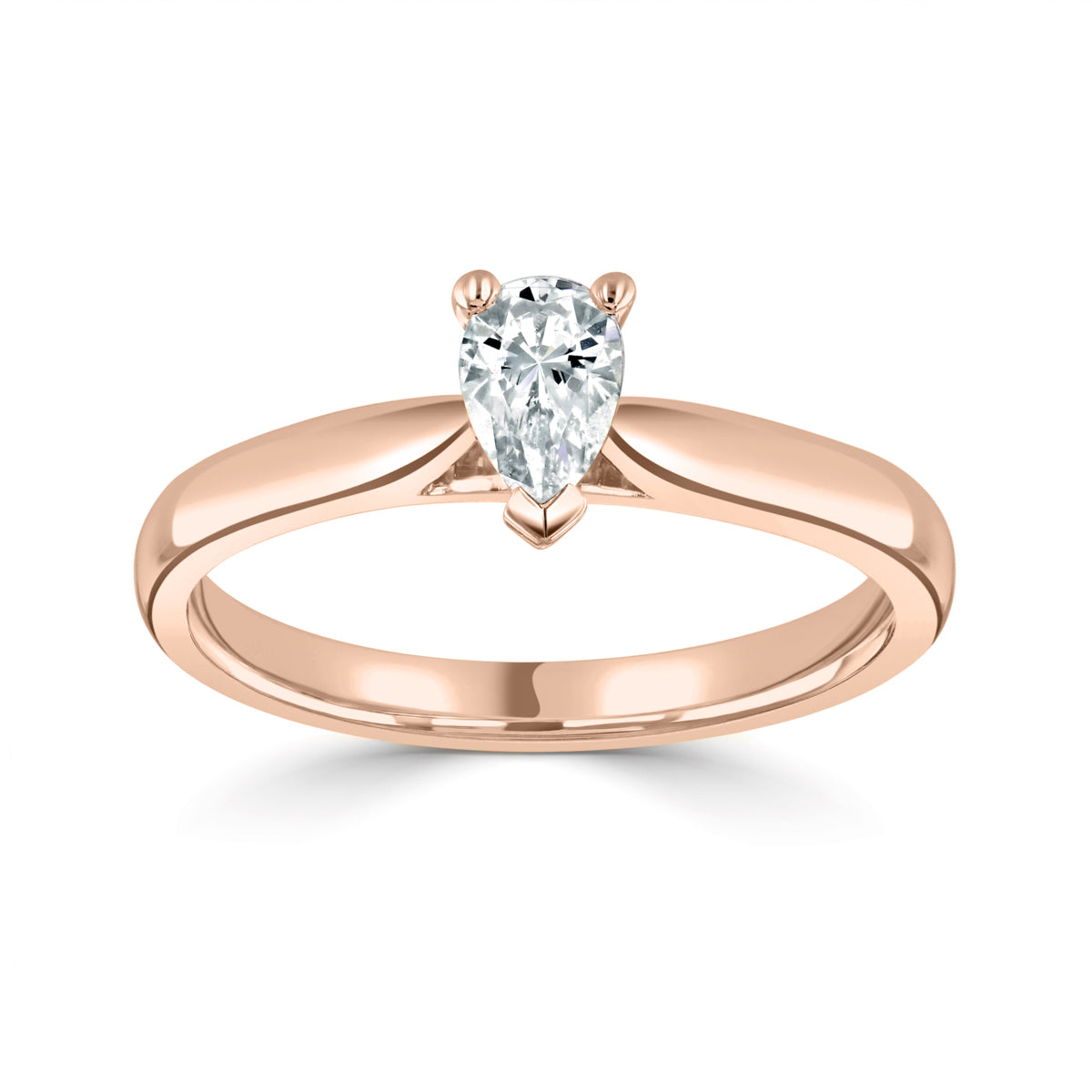 Pear cut diamond set into a classic 3 claw setting engagement ring
