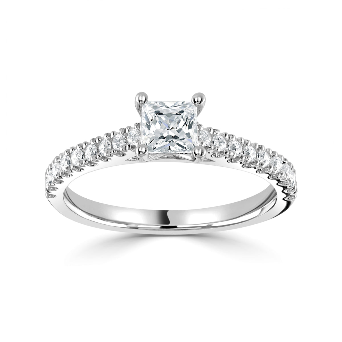 Princess square cut diamond 4 claw setting with diamond  shoulders ring