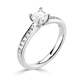 Princess square cut diamond 4 claw channel set shoulder ring
