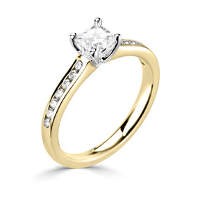 Princess square cut diamond 4 claw channel set shoulder ring