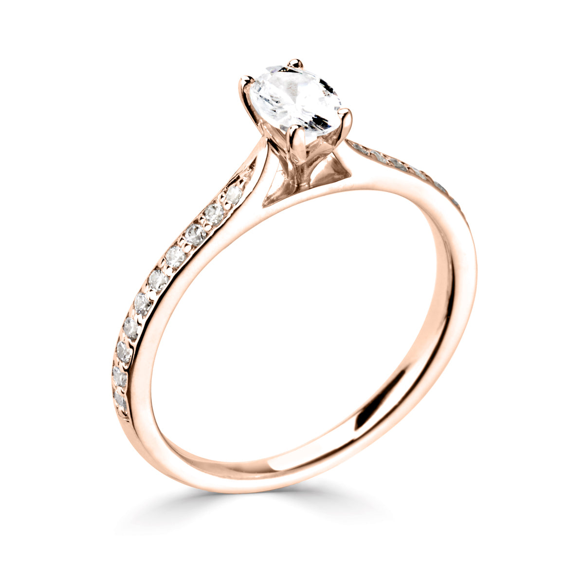 Oval cut 4 claw channel shoulder diamond ring