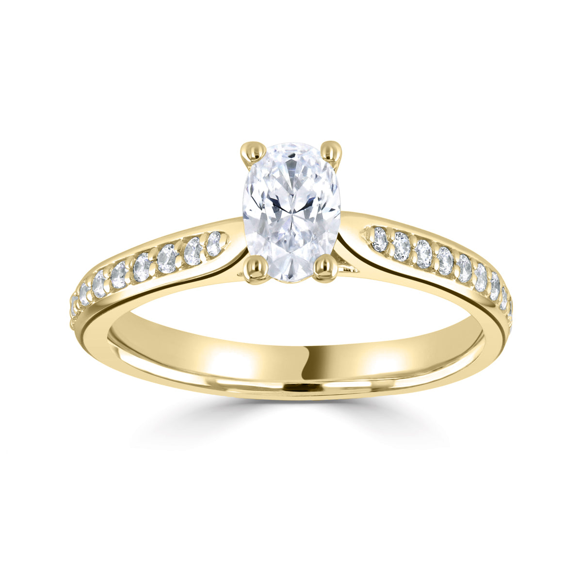 Oval cut 4 claw channel shoulder diamond ring