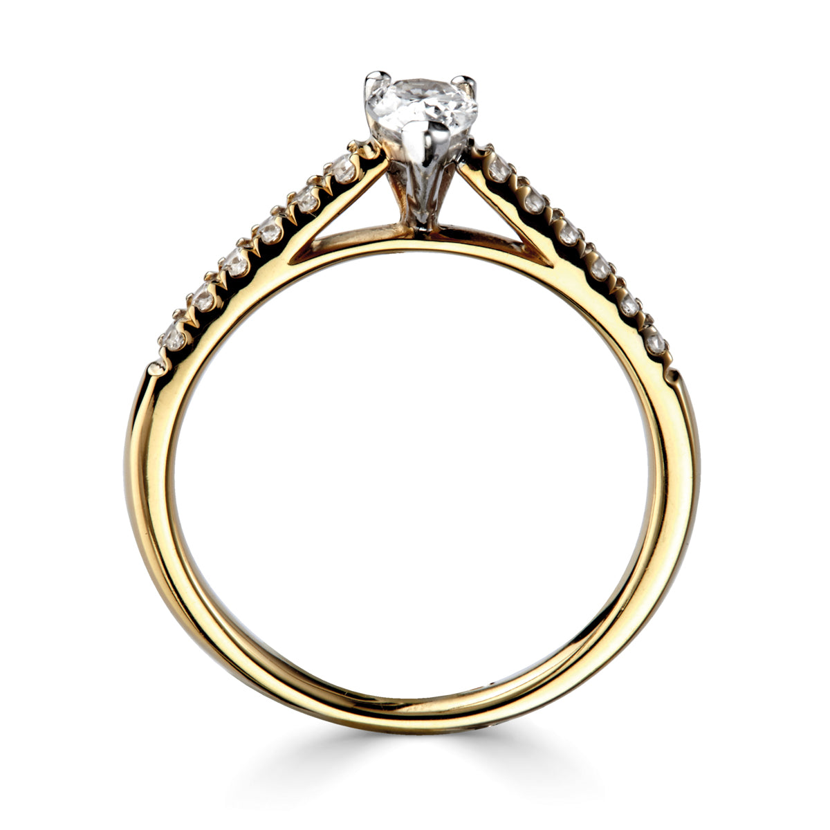 Pear cut diamond set into a classic 3 claw setting with diamond set shoulders ring