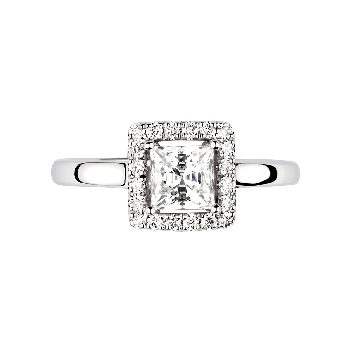 Princess square cut diamond set into a classic 4 claw setting surrounded with a diamond halo ring