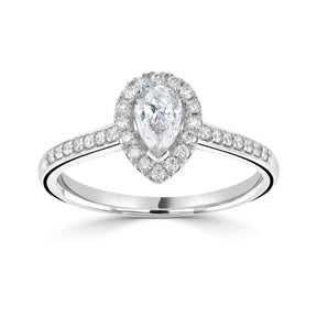 Pear cut diamond set into a 3 claw setting surrounded with a diamond halo and contemporary diamond set shoulders ring