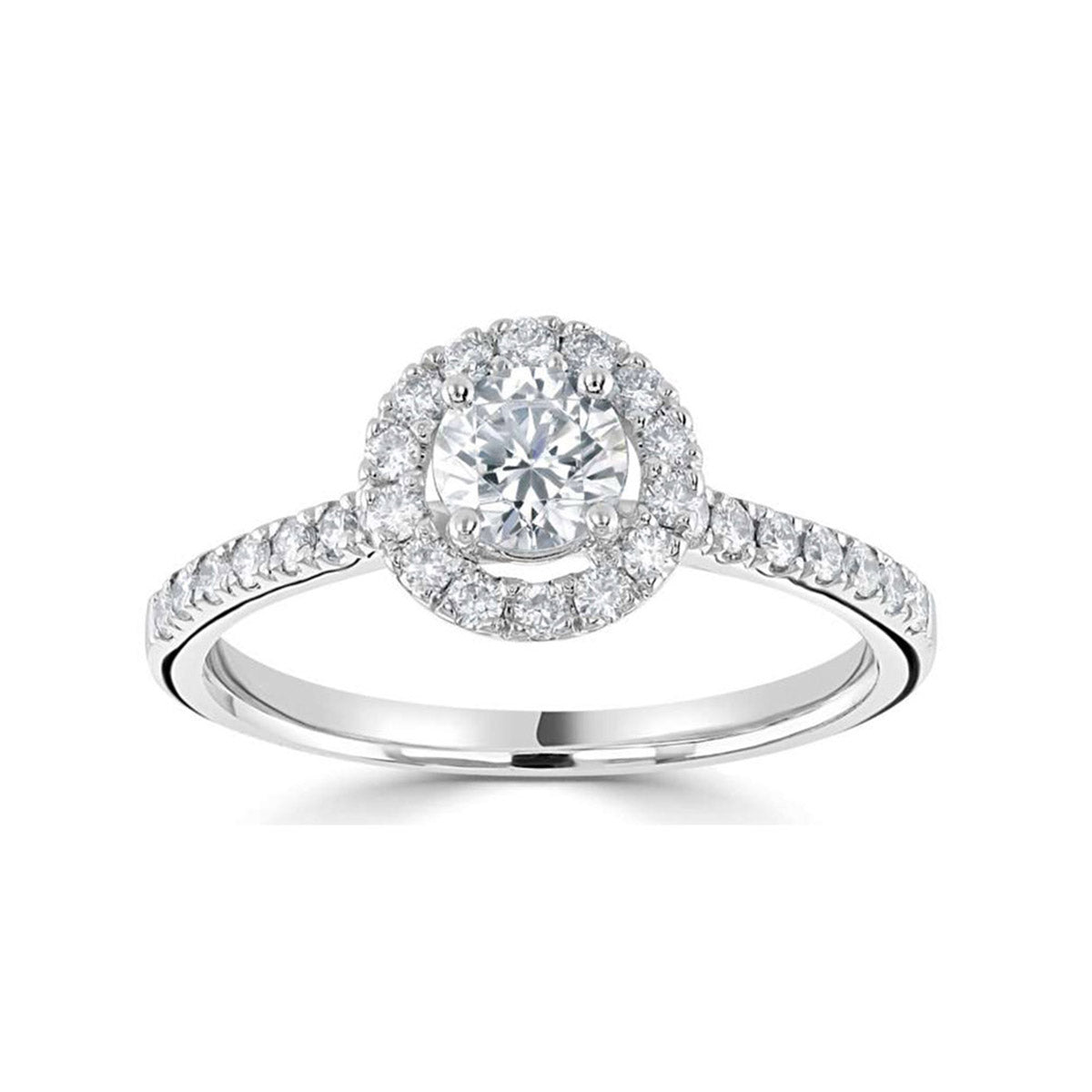 Brilliant round cut diamond set with 4 claws surrounded with a halo of diamonds with diamond set shoulders engagement ring