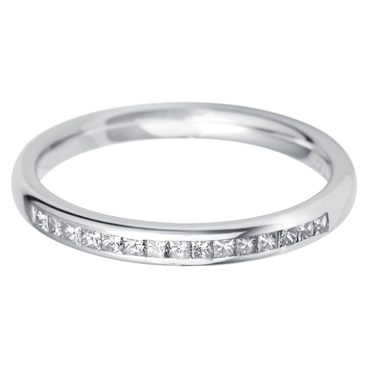 Princess square cut diamond flat court channel set eternity ring